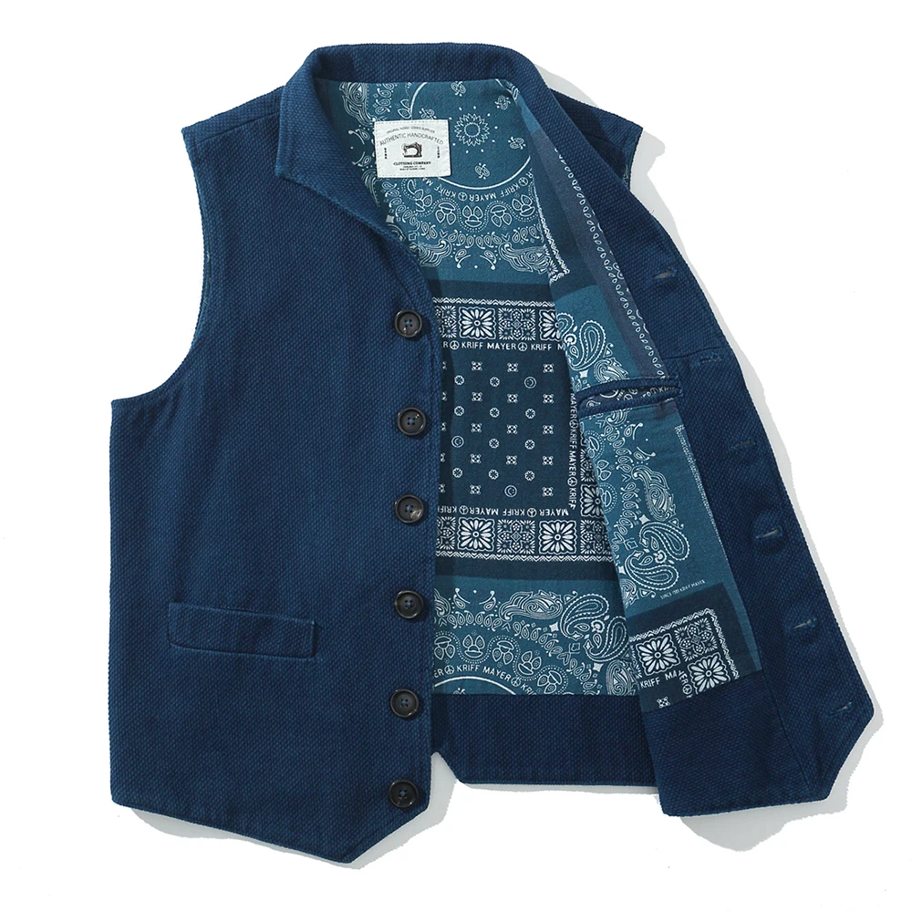 Japanese Vintage Kendo Indigo Jacket Vest Handmade Plant Blue Dyed Notch Lapel Waistcoat Autumn Winter Casual Cardigan Jackets