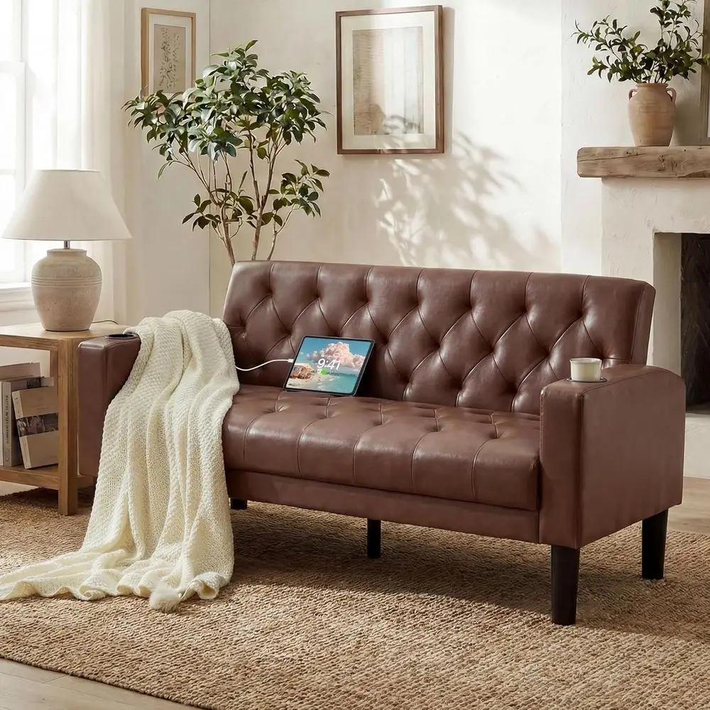 

62 Wide Brown Leather Loveseat with USB Ports and Cupholders for Living Spaces