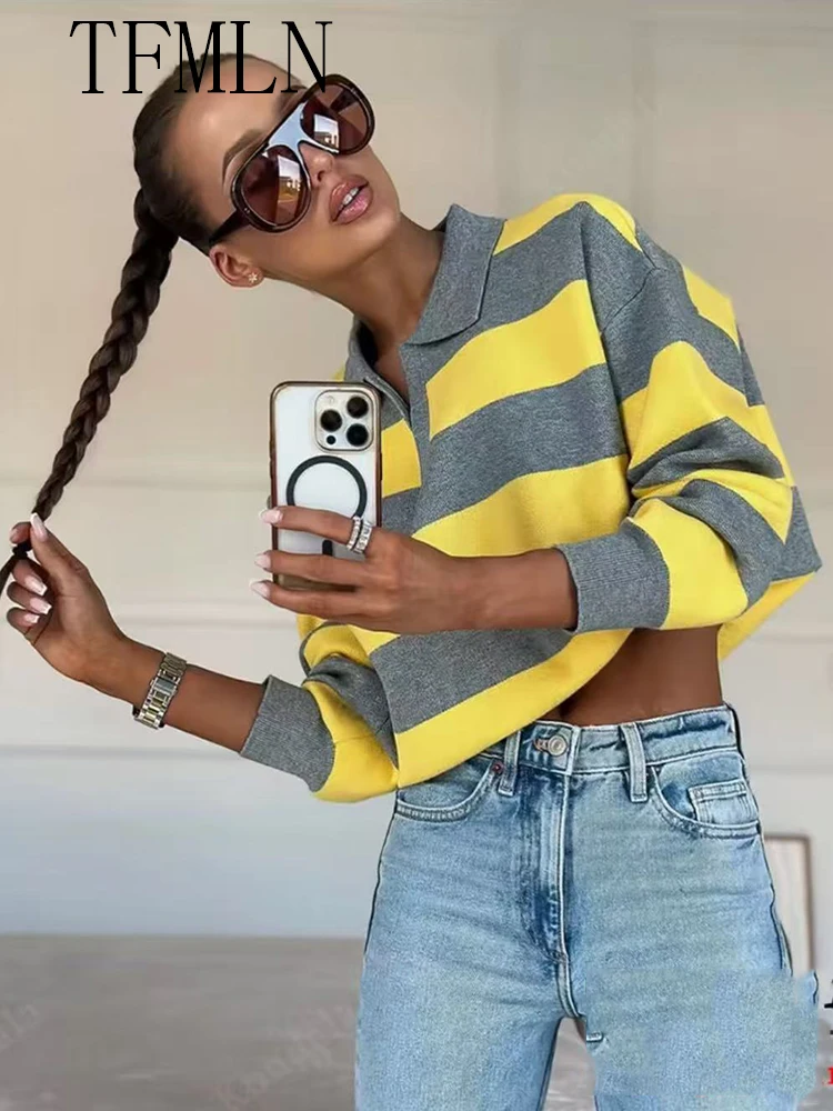 TFMLN-suéter de punto a rayas de gran tamaño para mujer, moda de otoño 20220, Jersey informal holgado con cuello tipo Polo, Tops, prendas de punto elegantes de calle