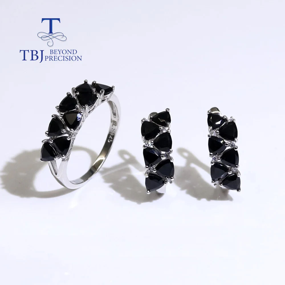 

Natural Black Spinel Jewelry Set real black gemstone clasp earring and ring 925 sterling silver for women