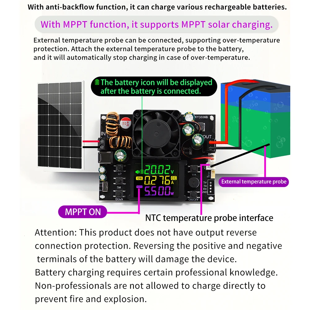 XY3606B CNC Voltage Boosting Module DC 6-36V to 0-36V 6A 216W DC Adjustable Stabilized Power Supply With MPPT Solar Charging