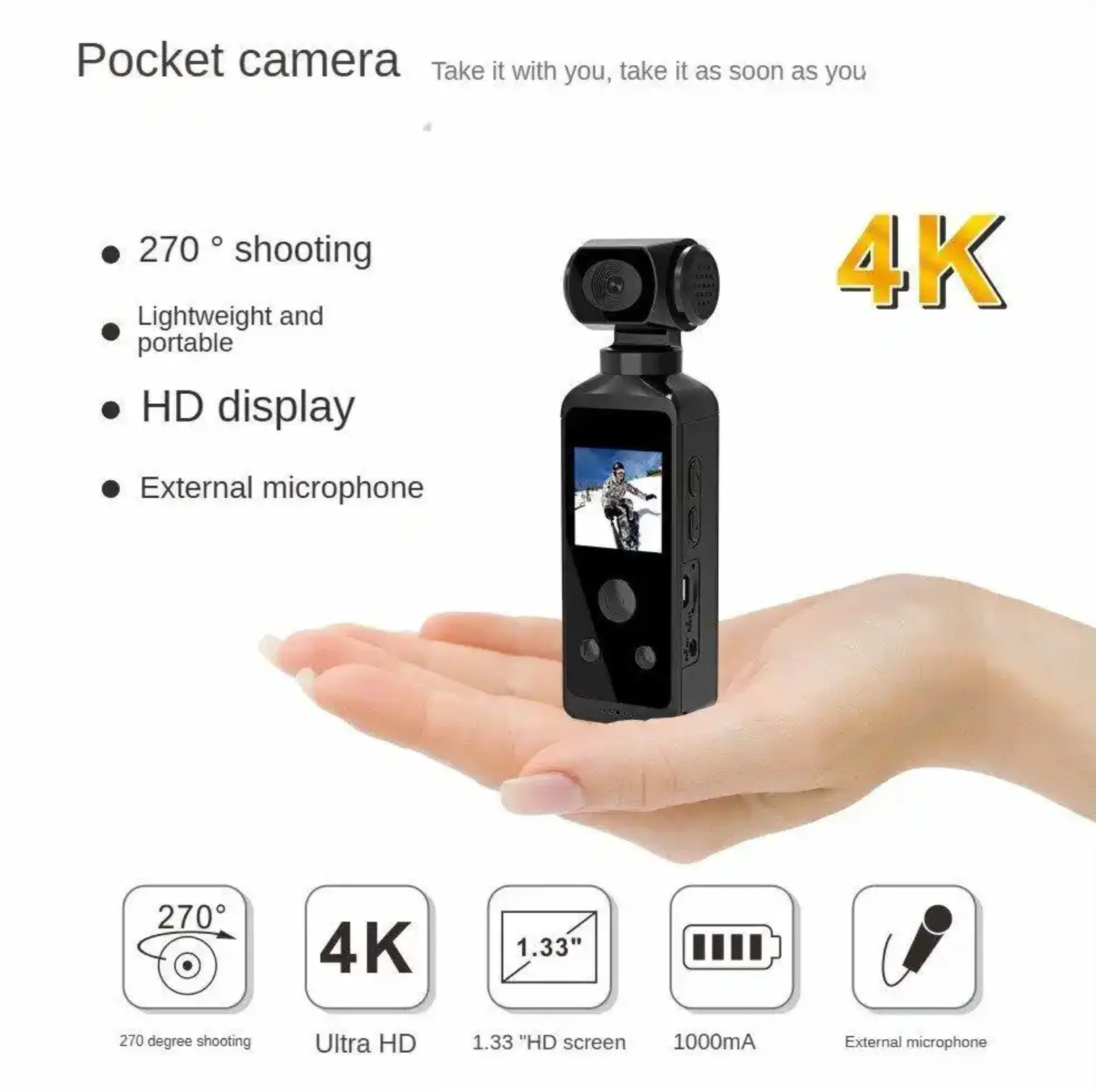 Mini Pocket Gimbal with Tiny Touch Screen & PTZ Camera Max 12MP Photos & 4K 30fps Real Time Videos to be Viewed by APP via WiFi
