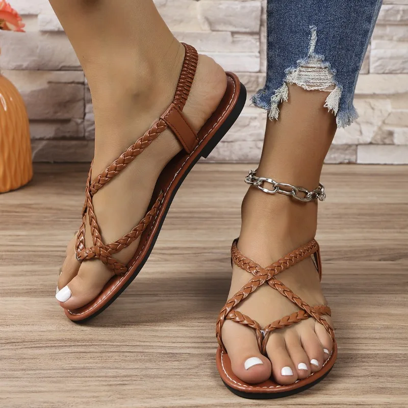 Ladies Summer Hot Fashion Round-head Shallow Woven Sandals 2024 New Style Casual Leather Narrow Belt Beach Women Flat Shoes