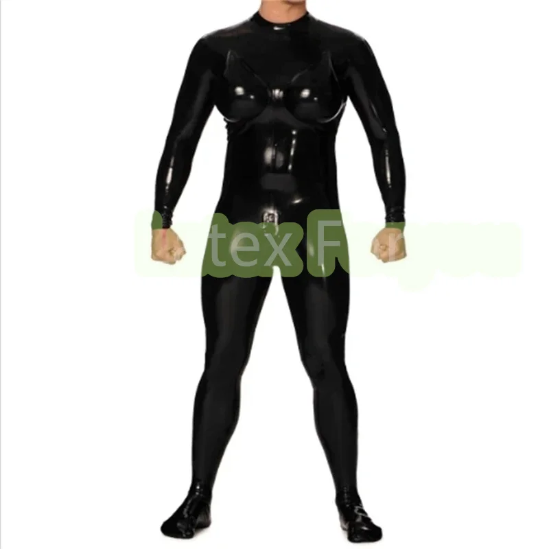 

Handmade customize natural latex Inflatable breast catsuit latex men bodysuit with socks back to crotch zipper