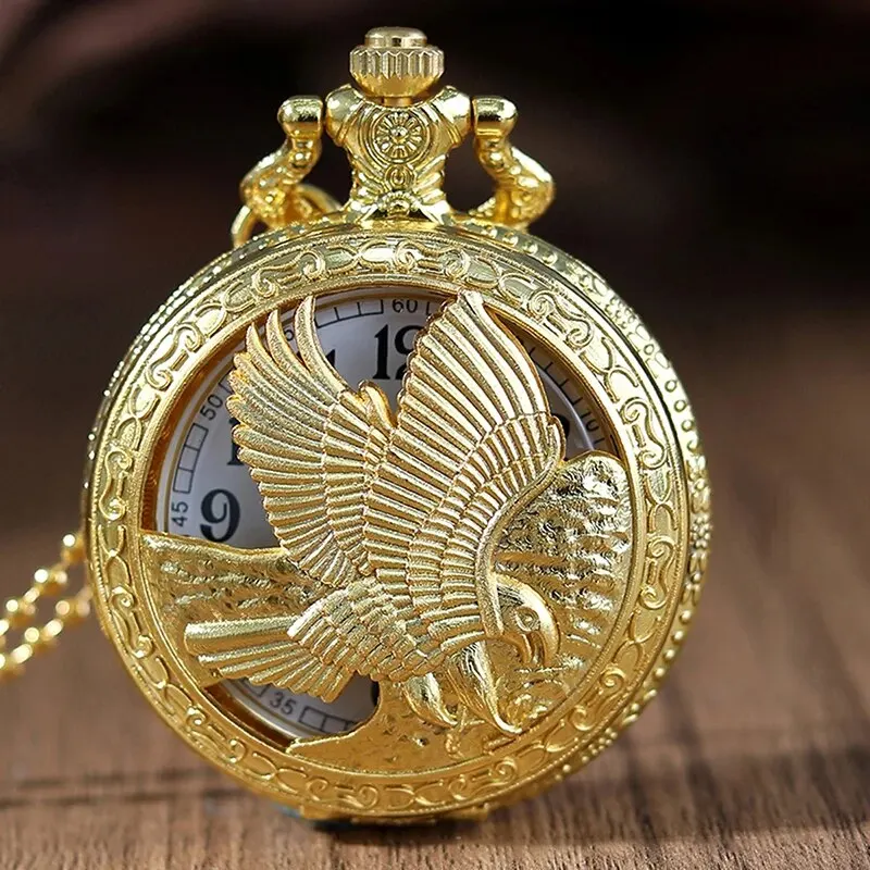 Relógio de bolso de quartzo com corrente fob para homens e mulheres pingente dourado colar águia oca presentes de luxo na moda