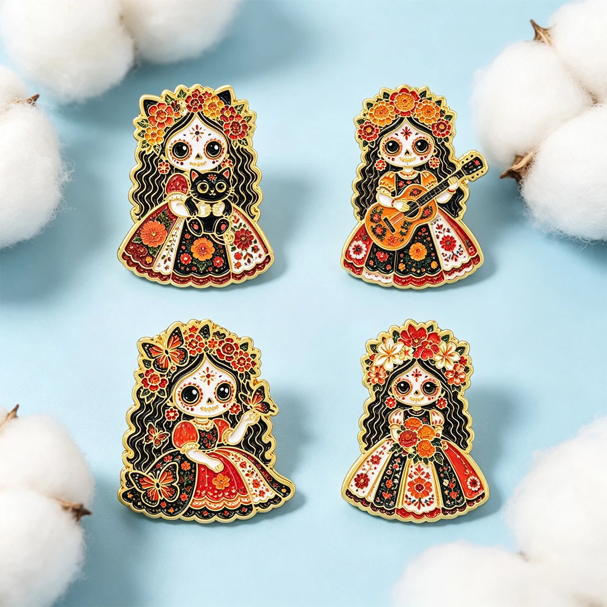 4 Stück mexikanische Emaille-Anstecknadeln zum Tag der Toten, Cartoon-Skelett-Mädchen-Brosche für Mäntel, Reversnadeln, Metallabzeichen, Schmuck, Geschenk für Feiertage – Detail 4