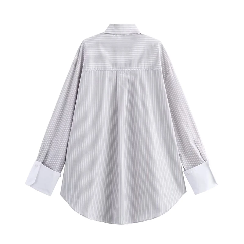 Willshela Women Fashion Grey Striped Single Breasted Blouse Vintage Lapel Neck Long Sleeves Female Chic Lady Shirts