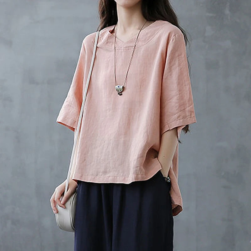 Women Clothing 2024Summer Vintage Simple Casual Loose Cotton Linen T-shirt Female Solid V Neck Short Sleeve Split Irregular Tops