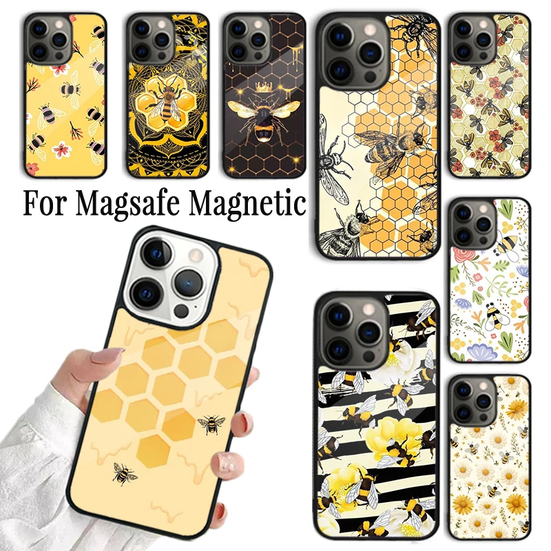 Phone Case For iPhone 16 15 14 13 12 11 Pro Max Plus Magsafe Magnetic Wireless Charging Cover Honey bee Art Print cartoon floral