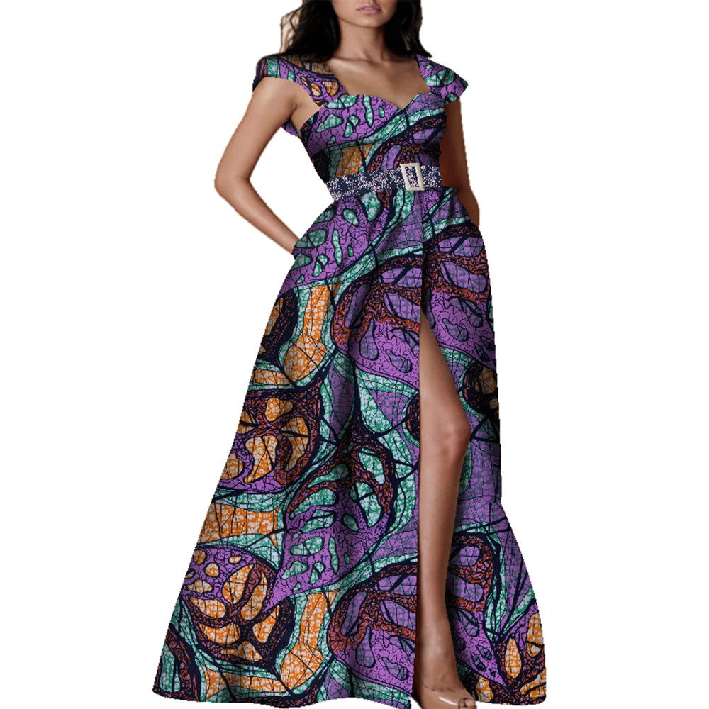 African Print Dresses for Women Traditional Bazin Rich Waistband Long Dress for Party Elegant African Wax Print Dresses WY7457