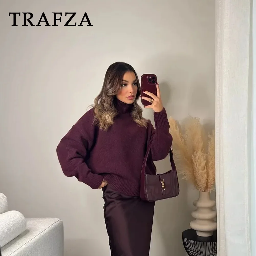 TRAFZA 2024 Autumn Winter Women Basics Knitted Sweaters Fashion Casual Turtleneck Thick Warm Solid Pullover Ladies Sweaters