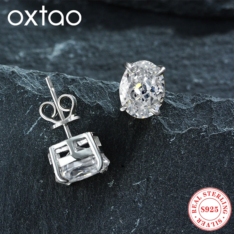 OXTAO بسيط أربعة مخلب وأقراط للنساء ريال 925 الفضة البيضاوي قطع 7x9 مللي متر 2.0ct عالية الكربون الماس مجوهرات الزفاف هدايا #1