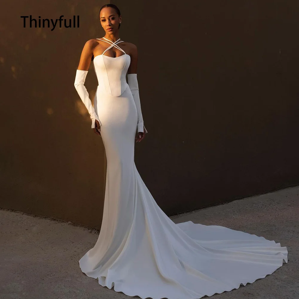 Thinyfull Vestido De Noiva De Luxo Halter Mermaid Bridal Dresses Sweep Train Ilusão Noiva Vestidos De Casamento para As Mulheres 2023 Personalizado