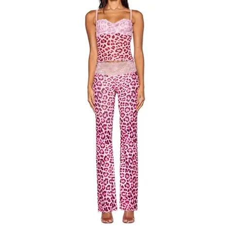 Pink Lace Patchwork Leopard Print Women Sexy Mesh 2 Piece Set Camisole Crop Tops + Flare Pants Wild Club Party Matching Suits