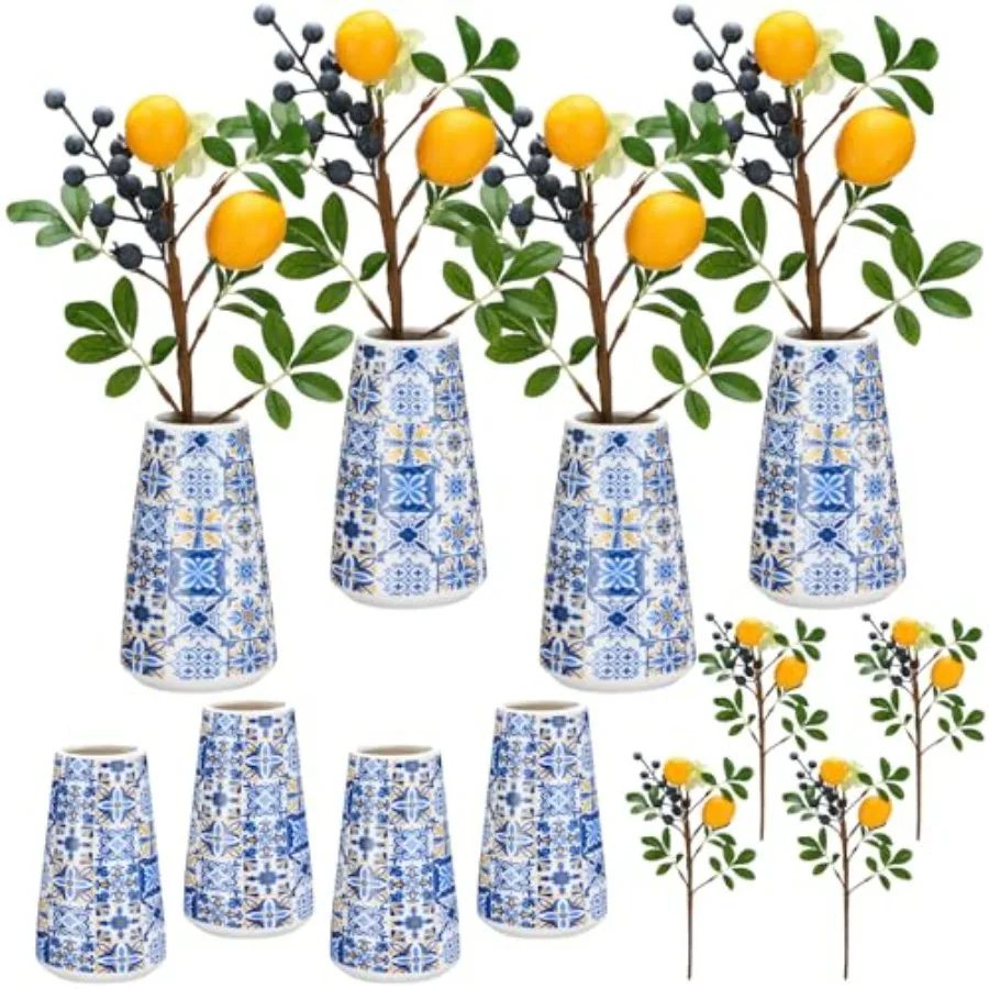 

Набор из 8 синих керамических ваз в стиле Амальфи с 4 искусственными лимонами, черникой и листьями эвкалипта для декора стола
