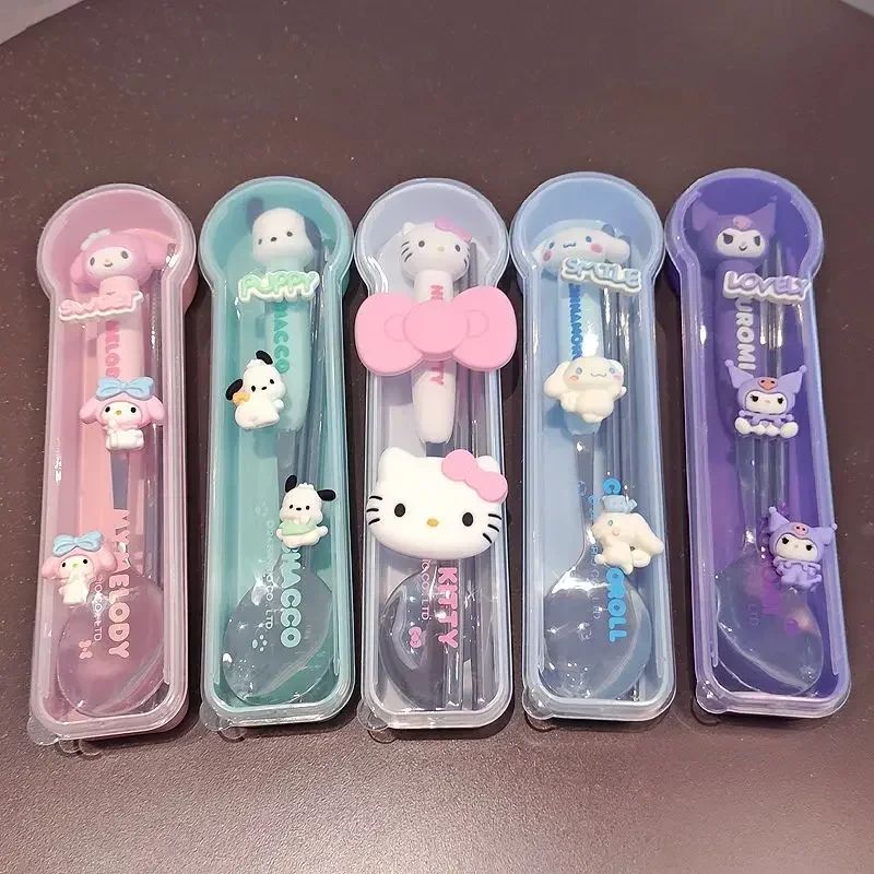 

Sweet My Melody Pochacco Kawaii Anime Sanrio Portable Tableware Cute Hello Kitty Pochacco Chopsticks Spoon Set Gifts for Kids