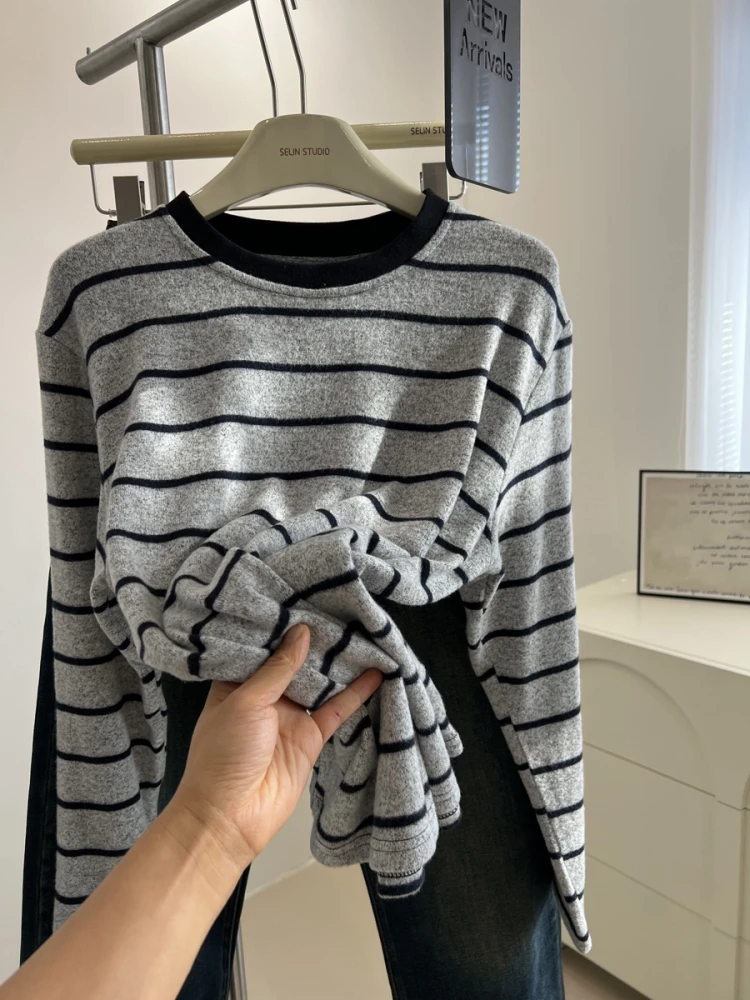 Large Size Striped Long Sleeved T-shirt Women Spring Autumn 2024 Loose O-neck Soft Thickened Tops Korean Version Versatile Tee