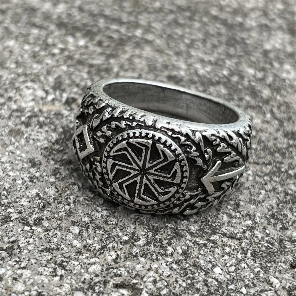 Slavic Kolovrat Symbol Nordic Runes Valknut Vegvisir Scandinavian Viking Ring Mens Signet Rings