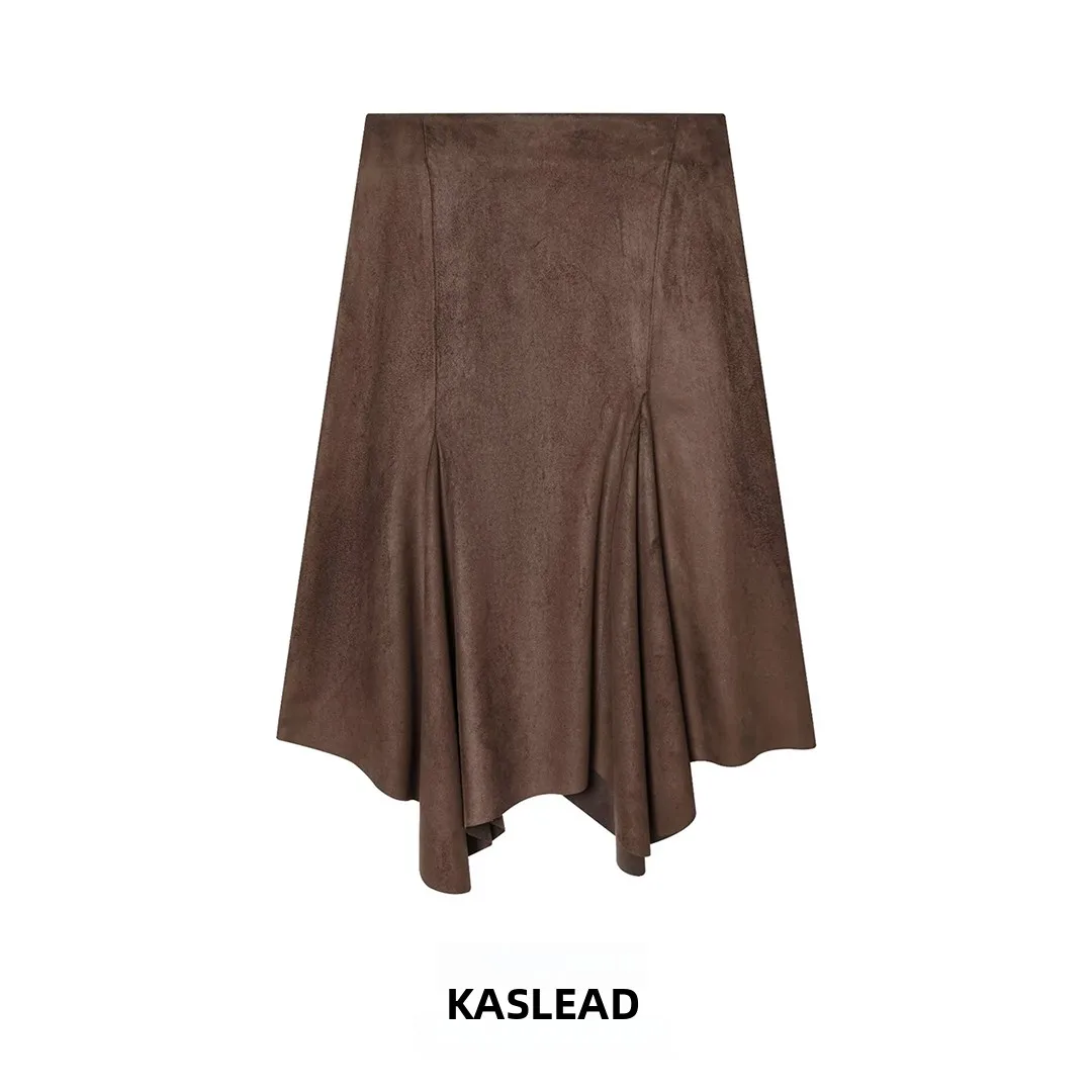 KASLEAD New Asymmetric Velvet Effect Midi Skirt for Women Street Sle Polyester Fiber Ci Commute Stand Fit Winter 2025