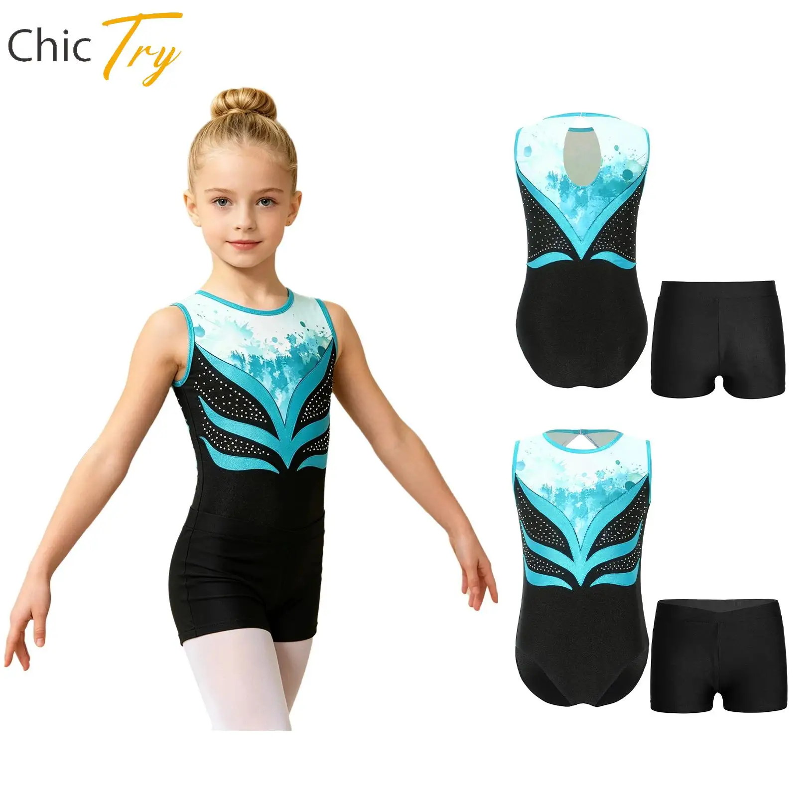 

Kid Girl Ballet Jersey Athletic Rhythmic Gymnastics Figure Skating Dance Performance Costume Sleeveless Leotard+Shorts Suit