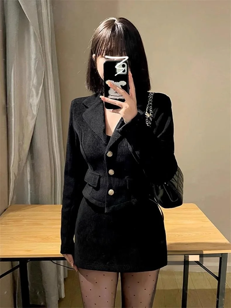 Elegant Hepburn Sle Women's Fleece Lined Suit Skirt Set High Waist Short Skirt Long Sleeve Button up Pure Color Autumn Winter