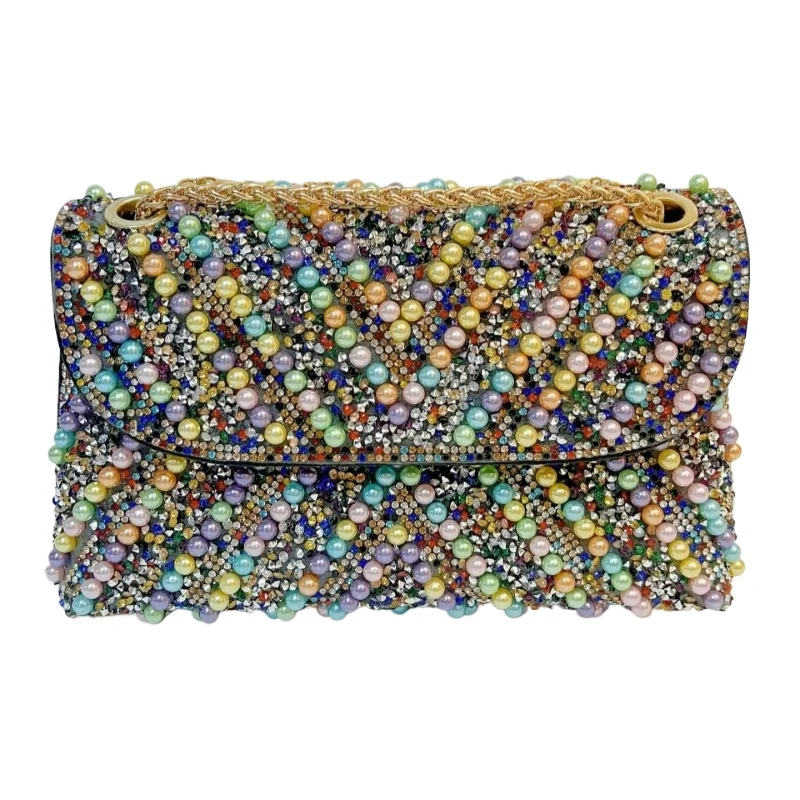 

Женская вечерняя сумка с разноцветным жемчугом, блестящая сумка для ужина невесты с бриллиантами, сумка на одно плечо, сумка через плечо с клапаном