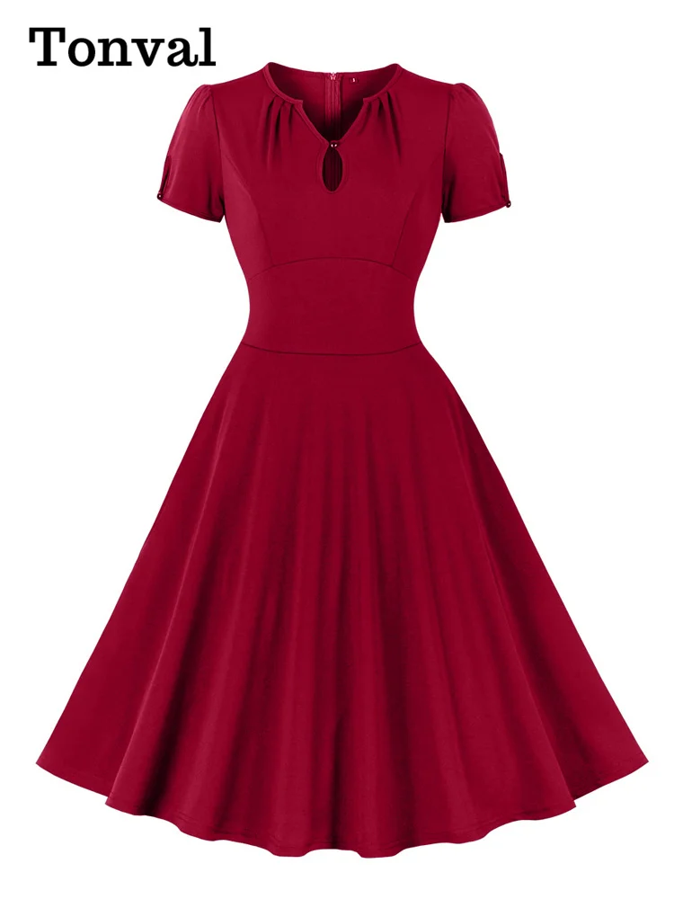 Tonval V-Neck Keyhole High Waist Solid 40s 50s Swing Dresses for Women Short Sleeve Cocktail Elegant Prom Party Vintage Dress