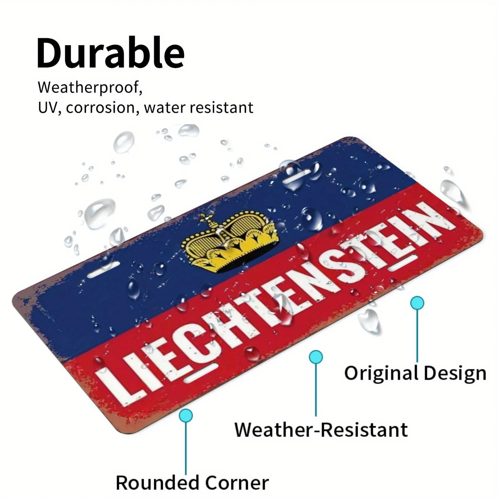 Vintage Aluminum Metal Sign Liechtenstein Flag Crown & Stripes Design Red & White With Black Text Retro Wall Art Plaque for Home