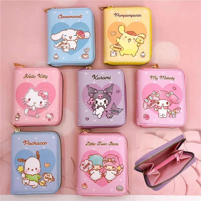 Kawaii Cartoon PU Leather Wallet Sanrio Hello Kitty Cinnamoroll Casual Short Wallet Cute Anime Button Card Holder Coin Purse