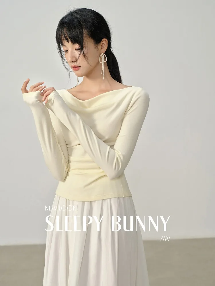 

Tencel Knit Split Hem Long Sleeve Top Women Slim Fit Autumn Layering Shirt Elegant Off Shoulder Pullover for Casual Office Wear
