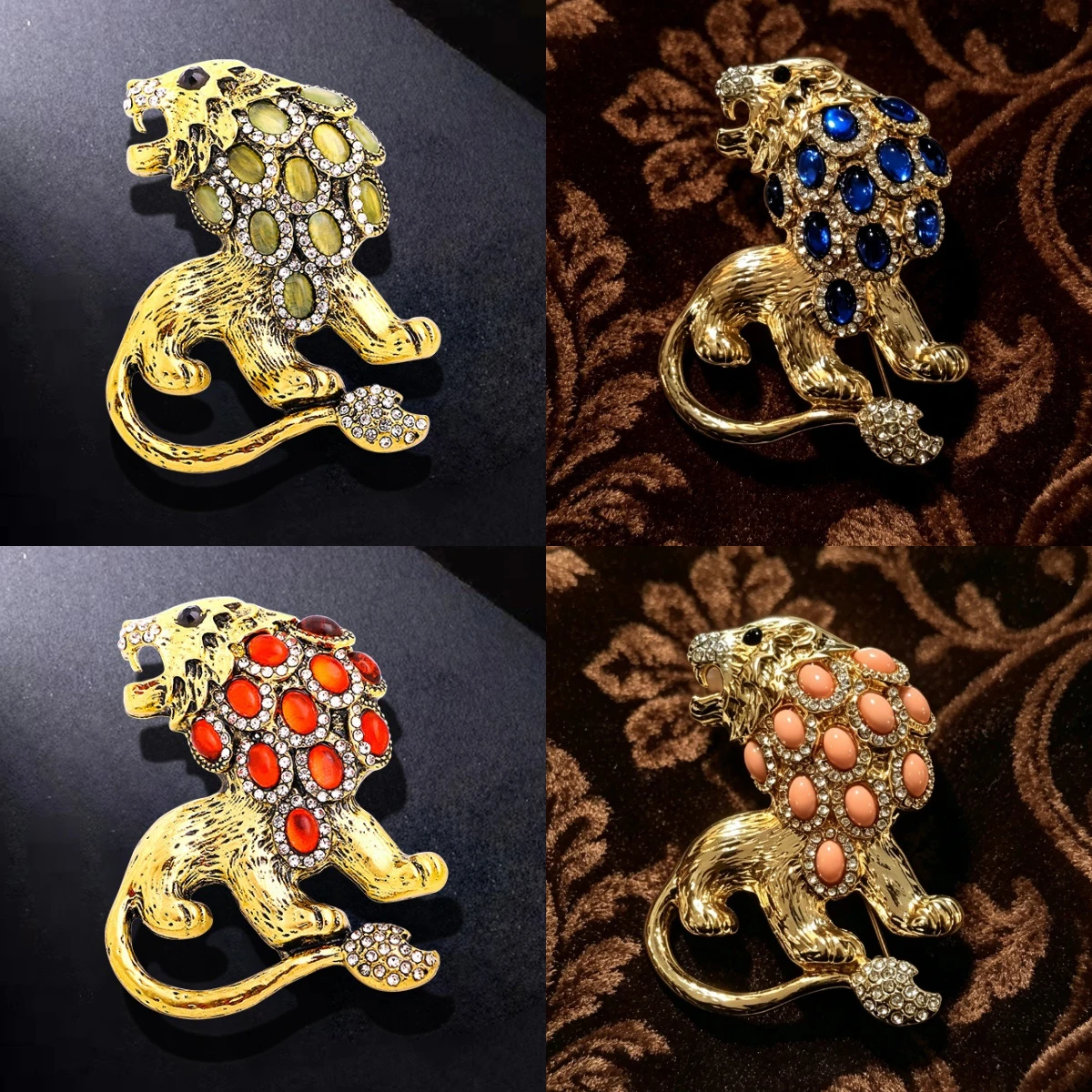 Cross border diamond studded animal chest flower coat pin high-end accessory, vintage alloy lion brooch