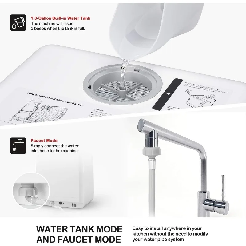 ポータブルカウンタートップ食器洗い機,空気乾燥機能,統合水タンクとインレットホース,5つの洗浄プログラム,ベビーケア