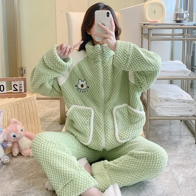 5XL плюс размер пижамы из кораллового флиса женские зимние утолщенные теплые пижамы пальто на молнии брюки наряды корейская уютная домашняя одежда
