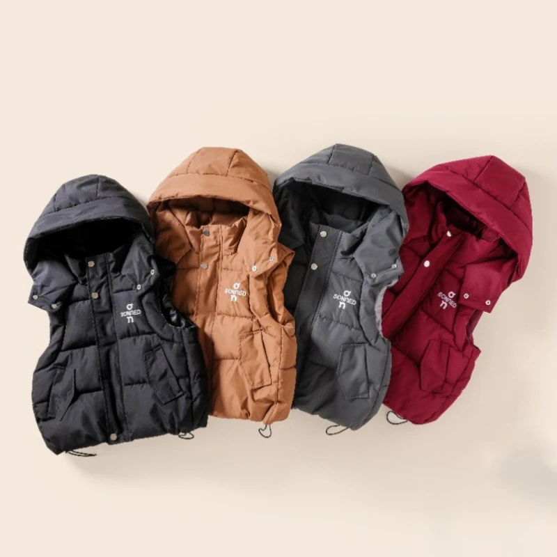 ZOETOPKID Boys Girls Vest Kids Letter Print Hooded Down Jacket Warm Plus Waistcoat Winter Autumn Children Windproof Clothe