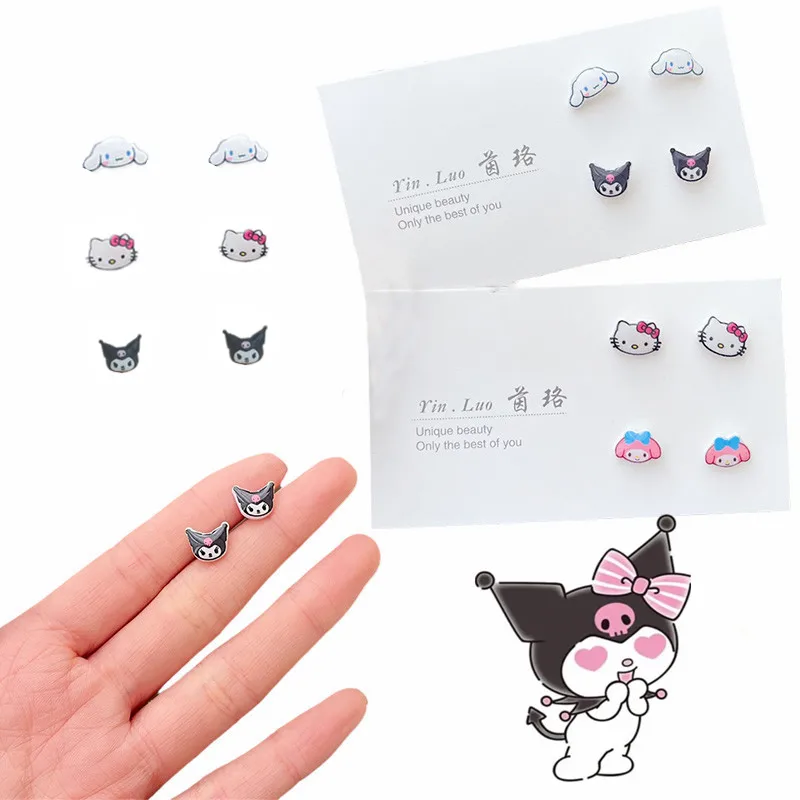 Pendientes Sanrio Kawaii Anime My Melody Cinnamoroll Kuromi pendientes de modelado para niña moda accesorios de perno de aguja de plata