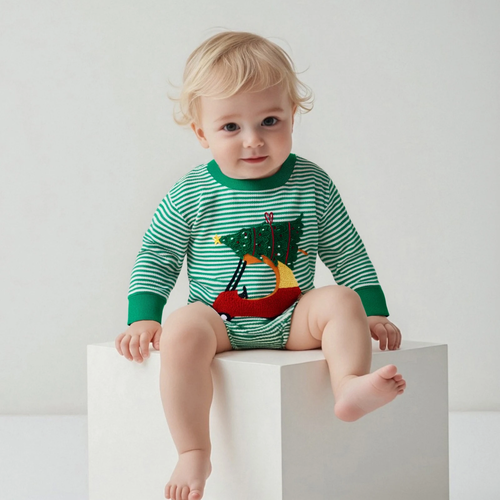 2026 السنة الجديدة الشتاء الطفل مخطط رومبير المألوف عيد الميلاد سانتا شجرة عيد الميلاد التطريز جولة الرقبة طويلة الأكمام بذلة #6