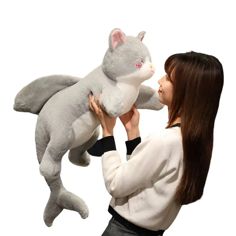 50/70/90cm Kawaii Alien Grey Cat Peluche Toys Lovely Lying Cat Pillow with Shark's Tail Stuffed Soft Cushion Kids Birthday Gift