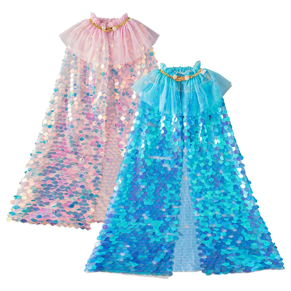 

2026 Child Halloween Mermaid Sequin Cloak Girls Carnival Elsa Princess Cosplay Glitter Cape Kids Birthday Party Shawl Clothes