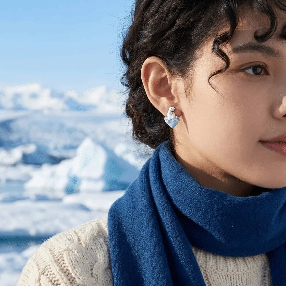 Enamel Polar Bear Stud Earrings Childishness Creative Melting Icebergs Earrings Unique Silver Studs Greenism Ear Studs Girls