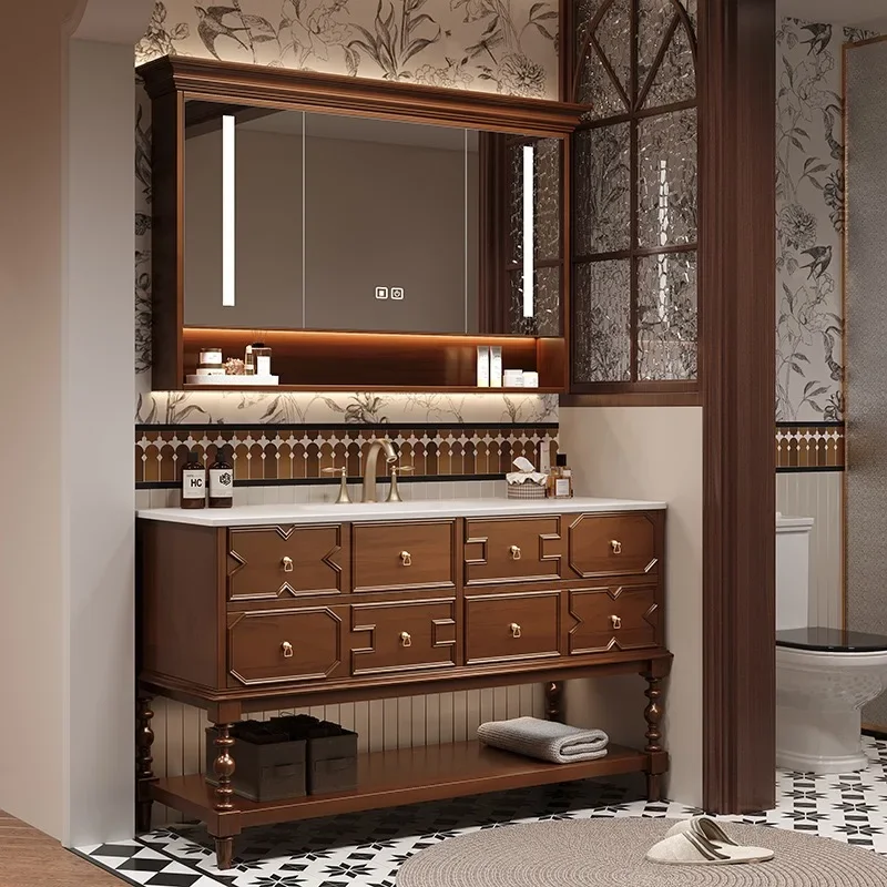 Deluxe European-style LED mirror cabinet Multi-drawer floating bathroom Washstand Ceramic basin (suitable for apartments)