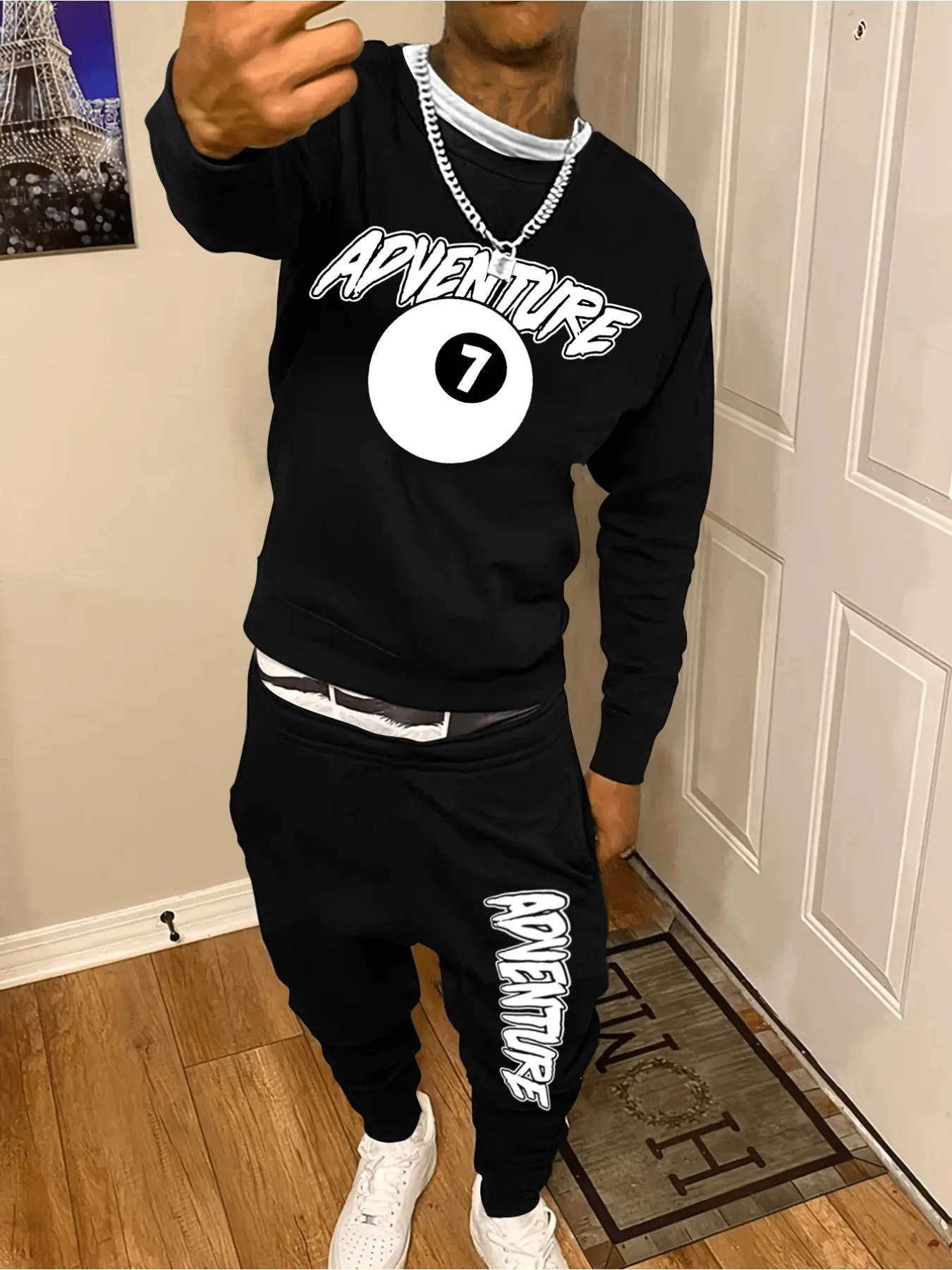 

2025 Y2K men sweatshirts alphanumeric billiards 7 pattern printed pullover loose casual Sweatshirt+Trousers Sportswear