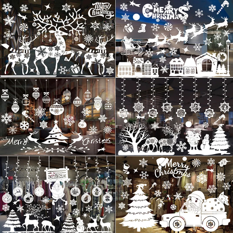 Merry Christmas Decoration Window Stickers Santa Claus Reindeer Snowflake Clings Xmas Tree Decals 2023 New Year Home Decorations