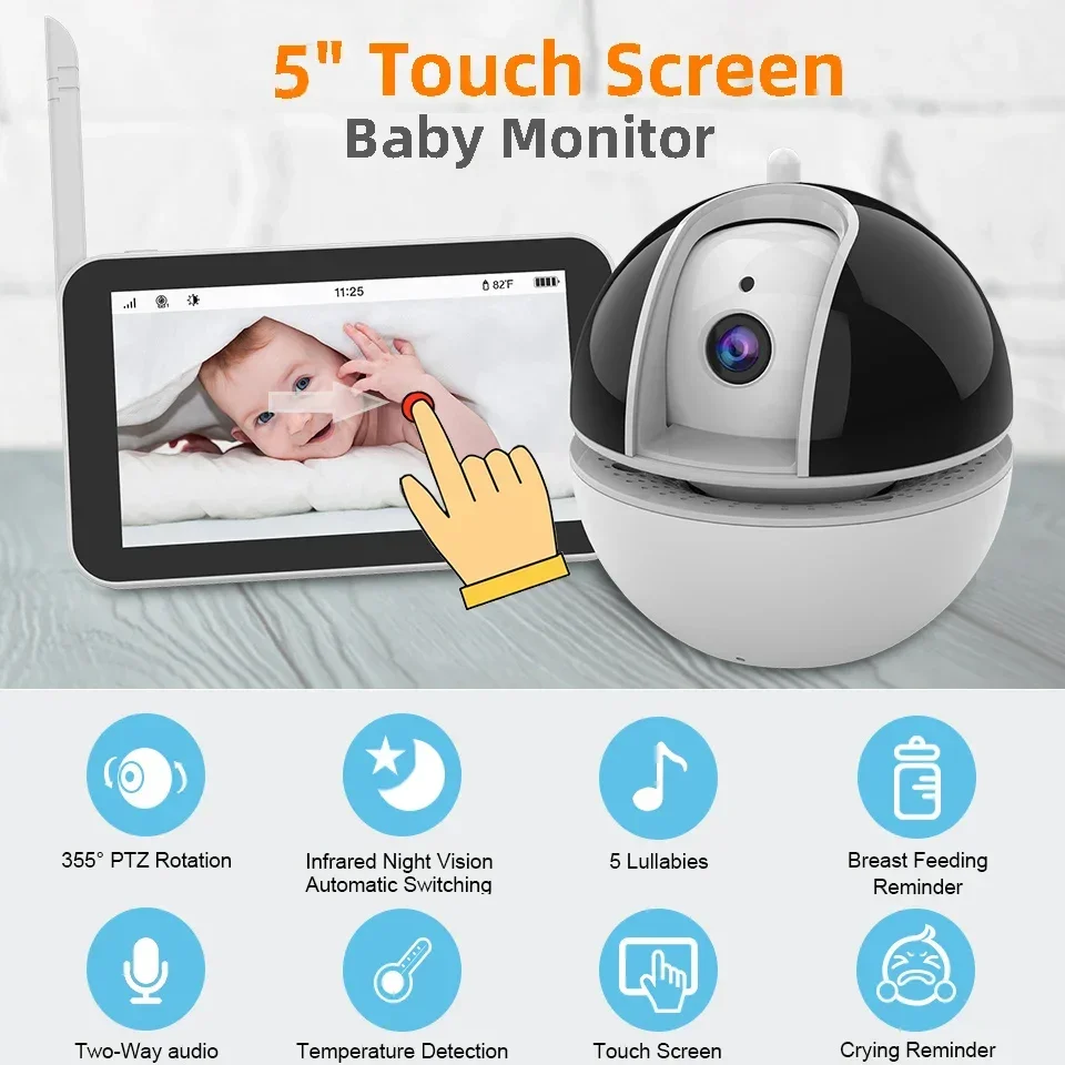 

HD Night Vision 5'' Touch Screen Wireles Baby Monitor Babyphone Security Video Camera Bebe Nanny VOX PTZ Lullabies Temperature