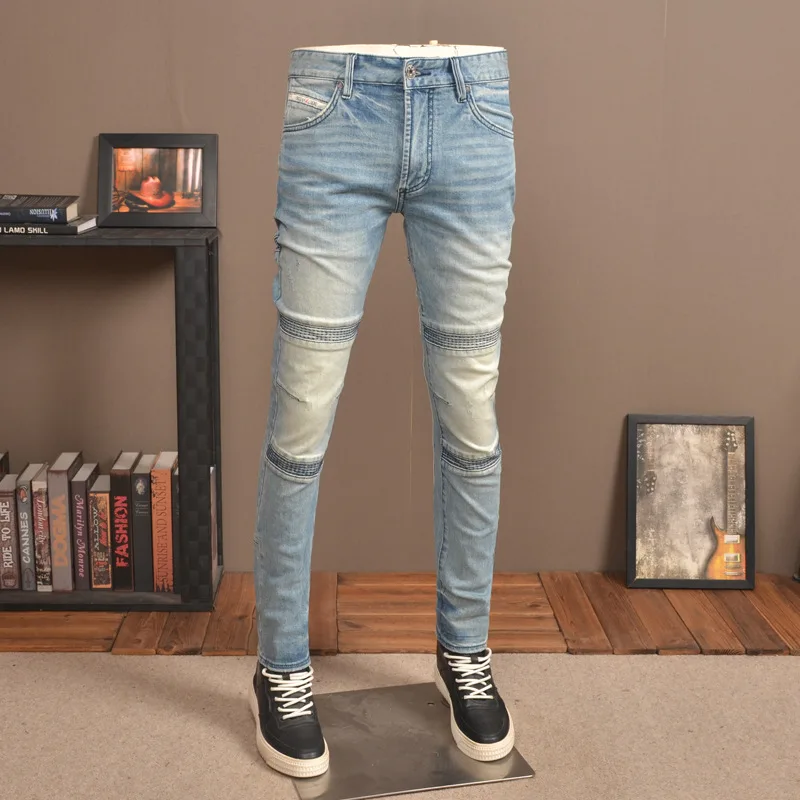 Retro Light-Colored Nostalgic Jeans Men's 2023 New Elastic Slim Fit Skinny High-End Casual Patchwork Motorcycle Men's Pants