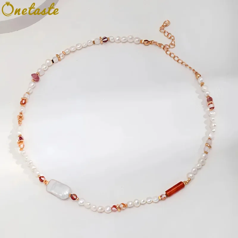 

Strawberry Quartz Pearl Strand Rosary Bead Necklace Women 925 Silve Gold Plated Trendy Dainty Stack Choker Necklaces Party Gift