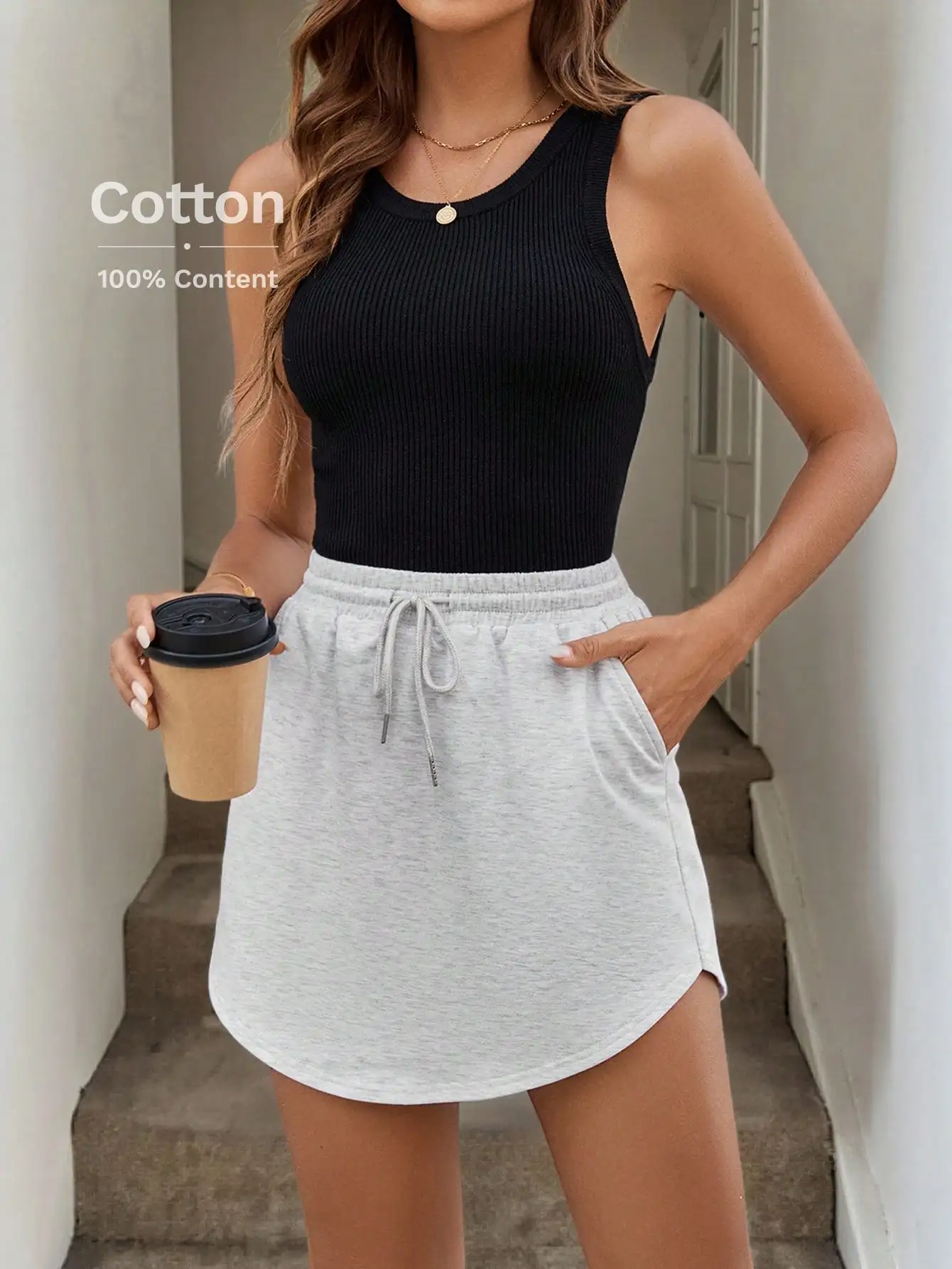 Women's Cotton Drawstring Waist Pocketed Casual Skort with Ribbed Top