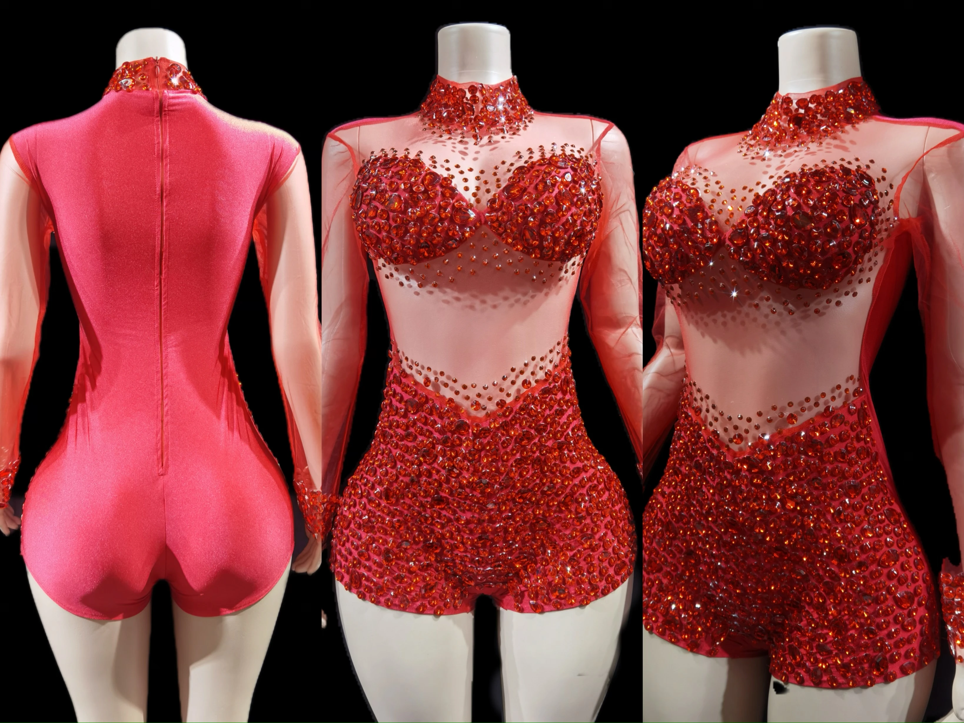 

Sparkly Crystals Leotard Sexy See ThroughCrystal Bodvsuit Dance Costume WomenNightclub Party Birthday Outfit Show StageWear