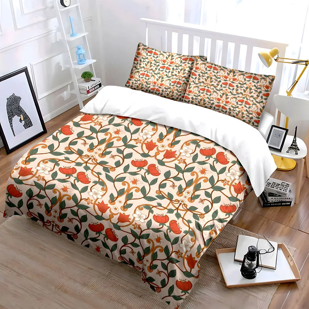 Vintage floral pattern with natural elements Duvet Cover Set Digital Print Colorful Polyester Bedding with Zipper Closur