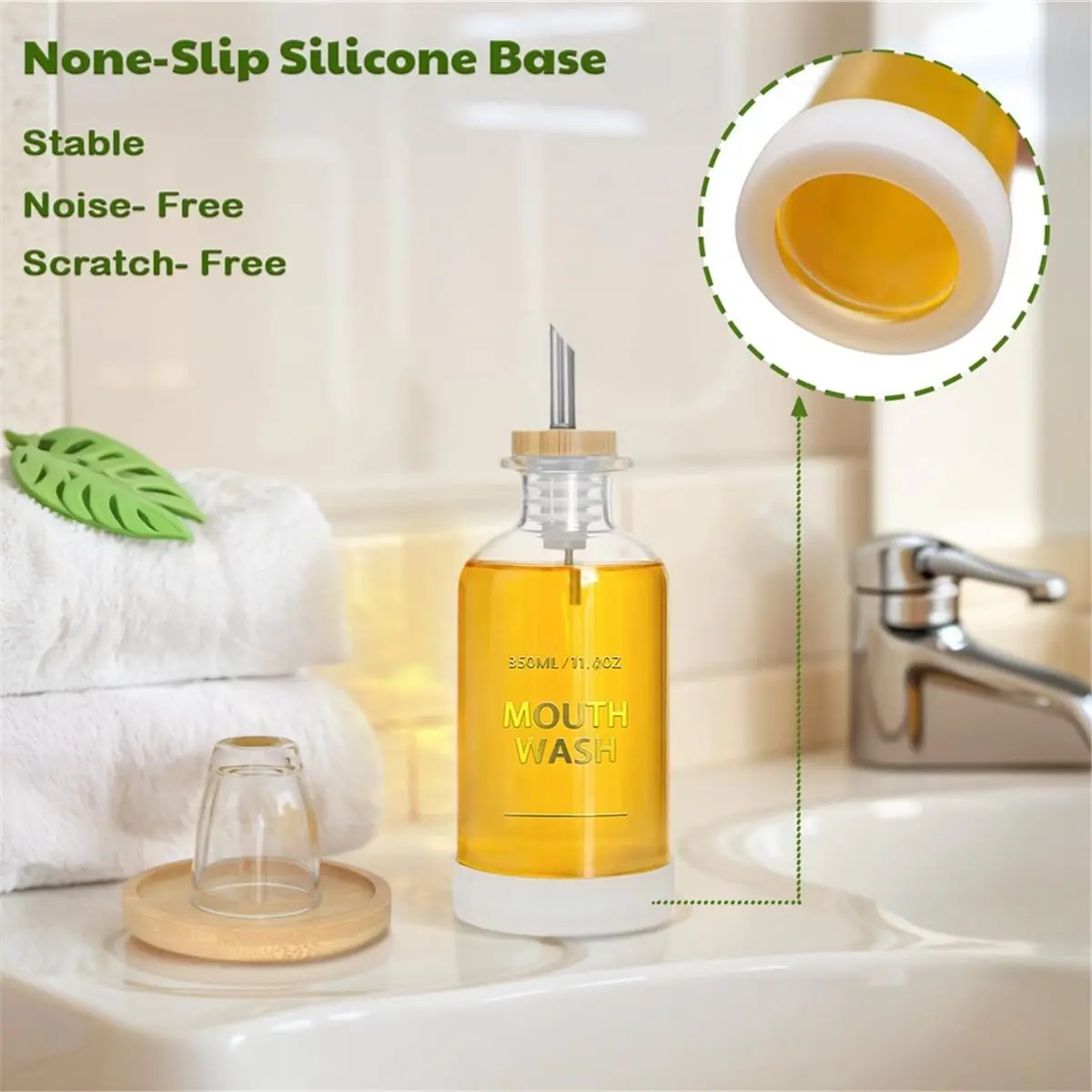 Mouthwash Dispenser for Bathroom 11.8oz,Glass Mouthwash Bottle with Bamboo Tray, Gold Hot-Stamped Lettering