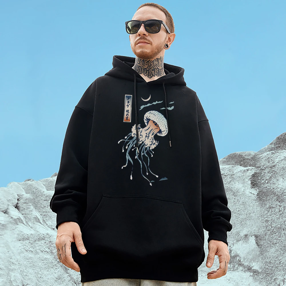 

Ukiyo-E Swimming Jellyfish Printed Men Cotton Hoodie Harajuku Vintage Streetwear Thick Oversize Trend Clothing Mans Long Sleeves